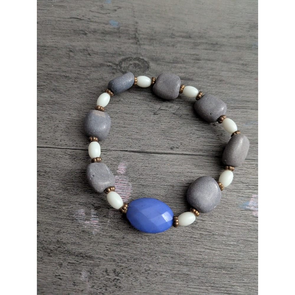 Handmade Blue Faceted Bead Grey Stone Stretch Bracelet Boho Style Accessory